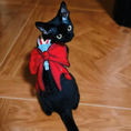 Load image into Gallery viewer, Black cat wearing GraviPaw denim cat harness with oversized sparkling red bow and red leash, facing camera
