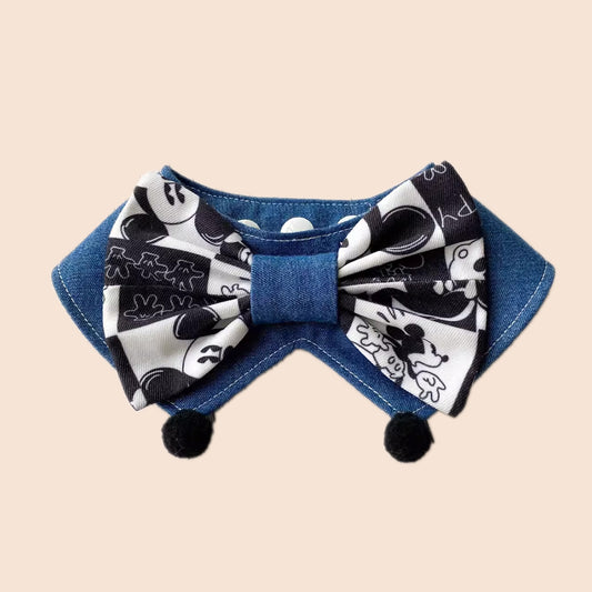 Black and white cartoon bow pet bandana collar with blue denim and pom-poms for cats and dogs