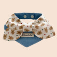 Load image into Gallery viewer, Blue bow gingerbread pet bandana collar with festive gingerbread print and denim base for cats and dogs
