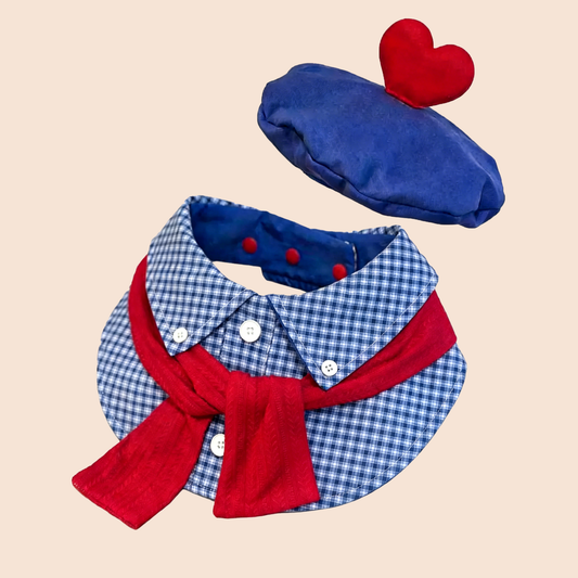  Blue plaid dog bib collar set laid flat showing beret hat with red heart and red scarf