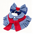 Load image into Gallery viewer,  Blue plaid ruffle dog bib collar set with matching bow headband and red scarf on white background
