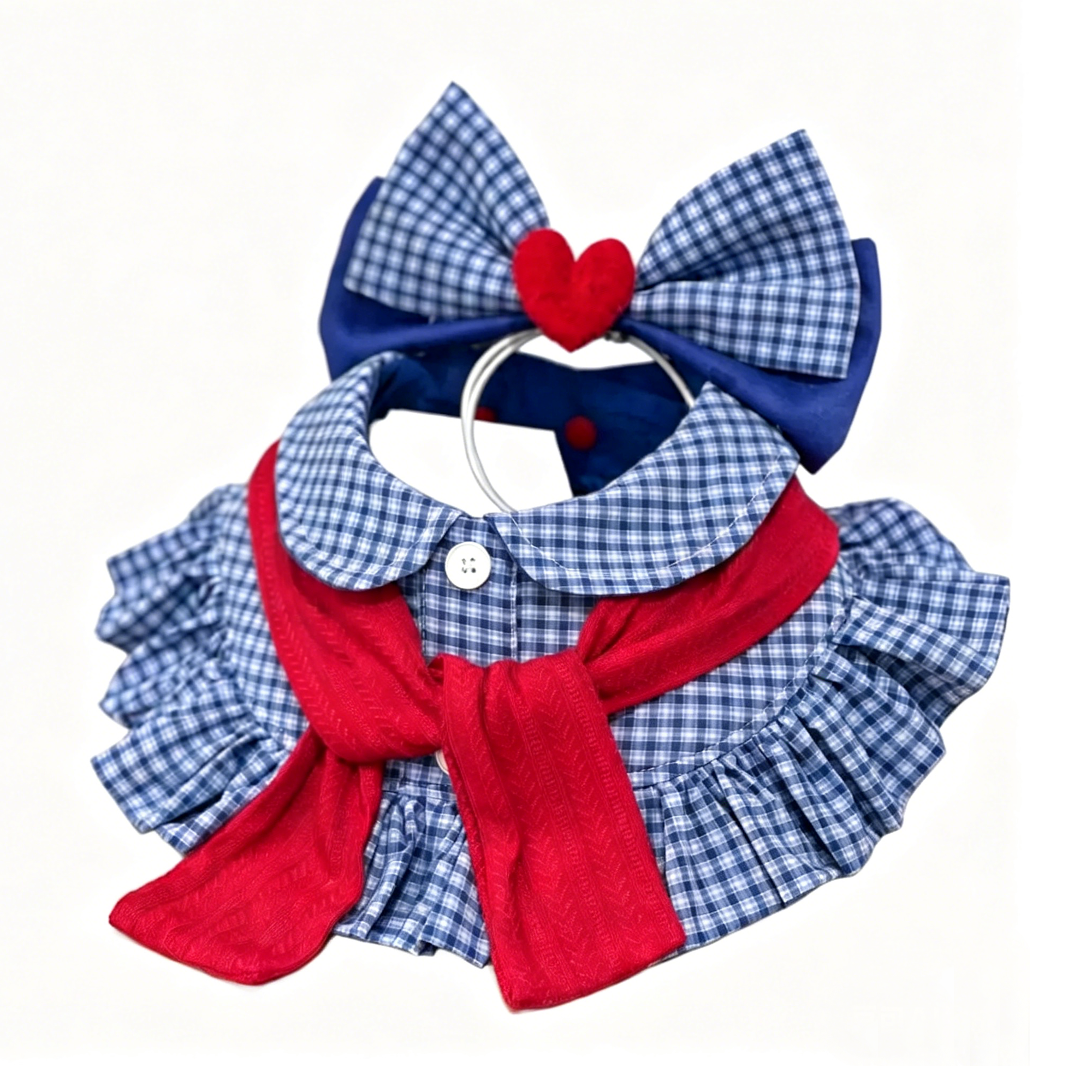  Blue plaid ruffle dog bib collar set with matching bow headband and red scarf on white background
