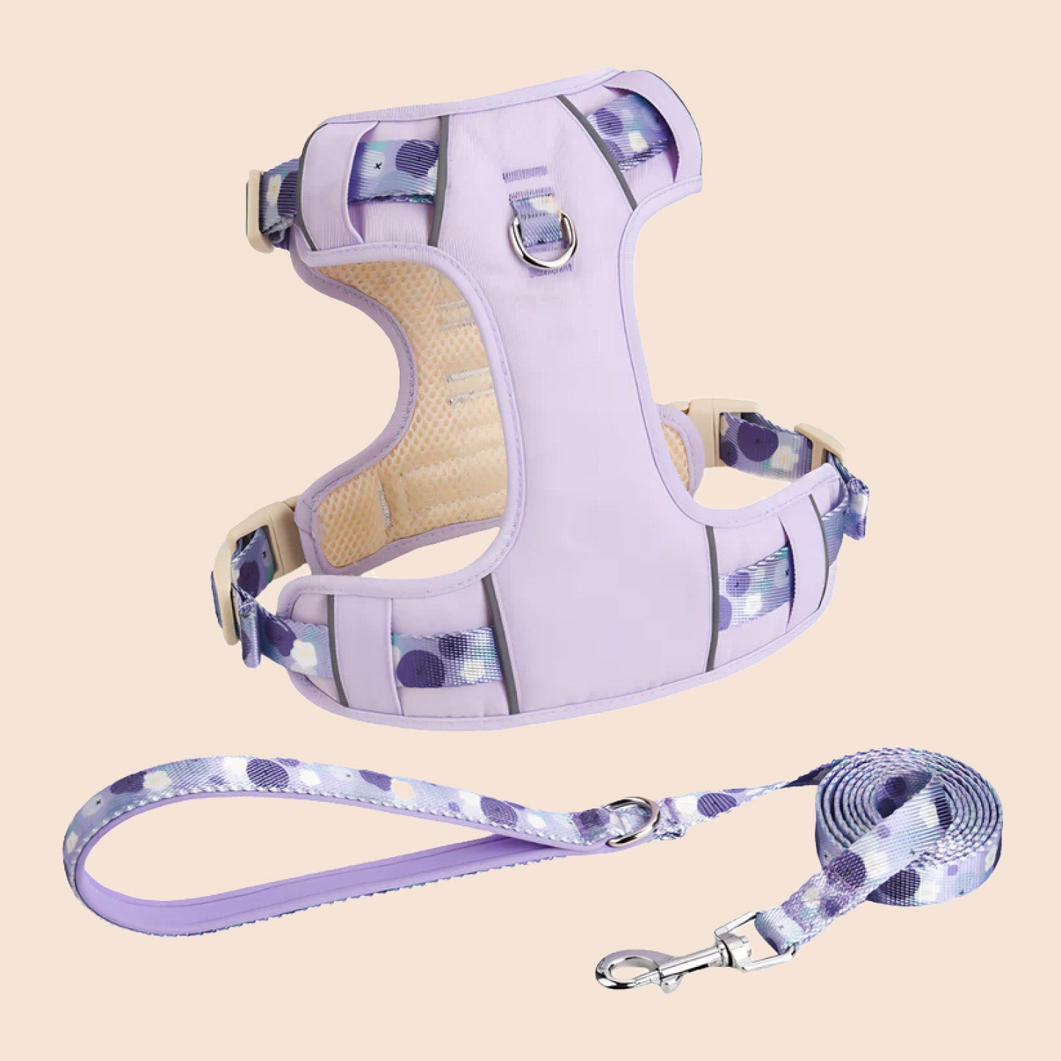 Blueberry purple breathable mesh dog harness and leash set with fruit print and reflective strips