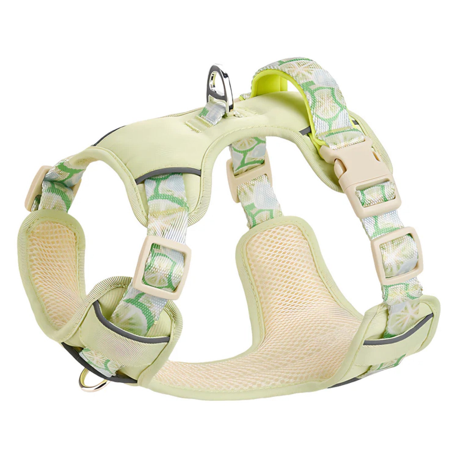 Back view of lemon green breathable mesh dog harness with soft padding