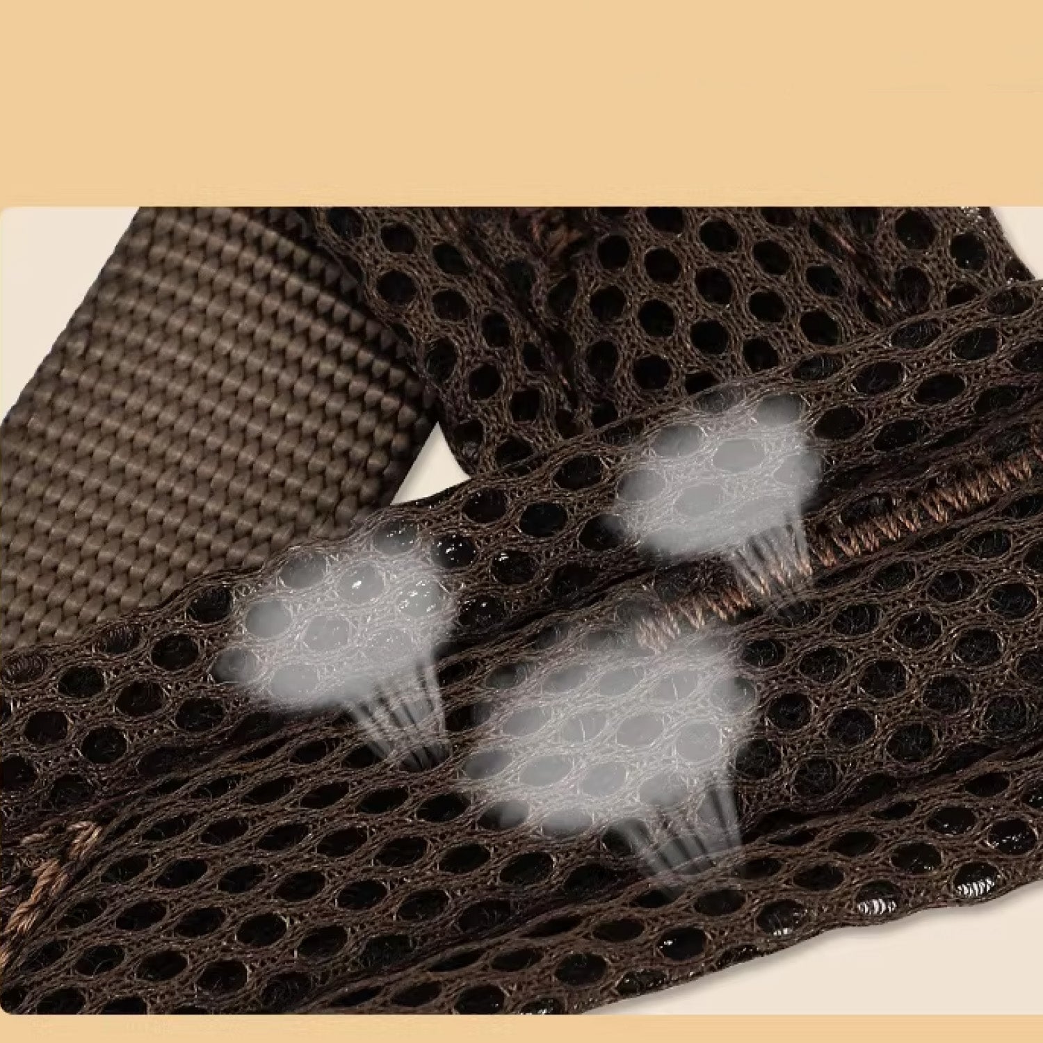 Close up of breathable honeycomb mesh lining on brown leather dog harness for comfort and ventilation