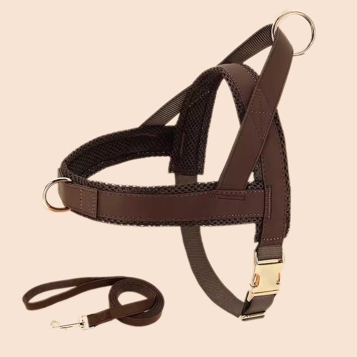 Brown leather and mesh dog harness with matching leash laid flat on white background showing gold hardware