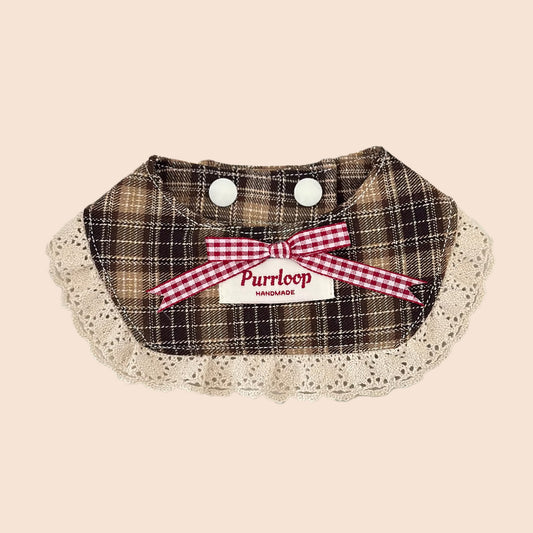 Brown plaid lace ruffle pet collar with pink gingham bow cottagecore style for cats and dogs