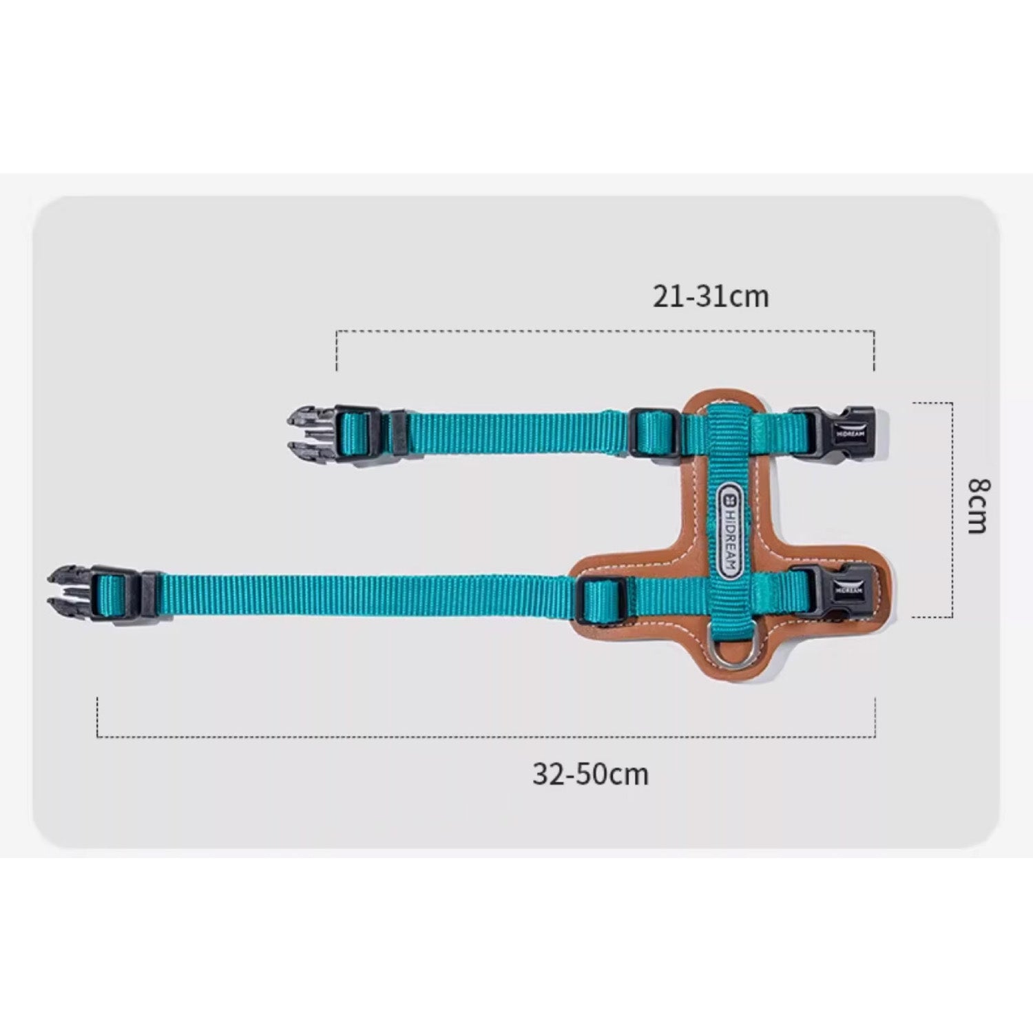 Cat harness size chart showing 21-31cm neck and 32-50cm chest measurements