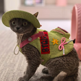 Load image into Gallery viewer,  Devon rex cat wearing green corduroy harness with wide brim sun hat close up portrait
