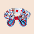 Load image into Gallery viewer, Oversized cherry patchwork print dog collar bandana with layered denim bow and red zigzag trim flat lay on white background
