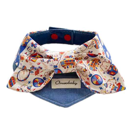Circus print bow cat and dog collar with denim base on white background