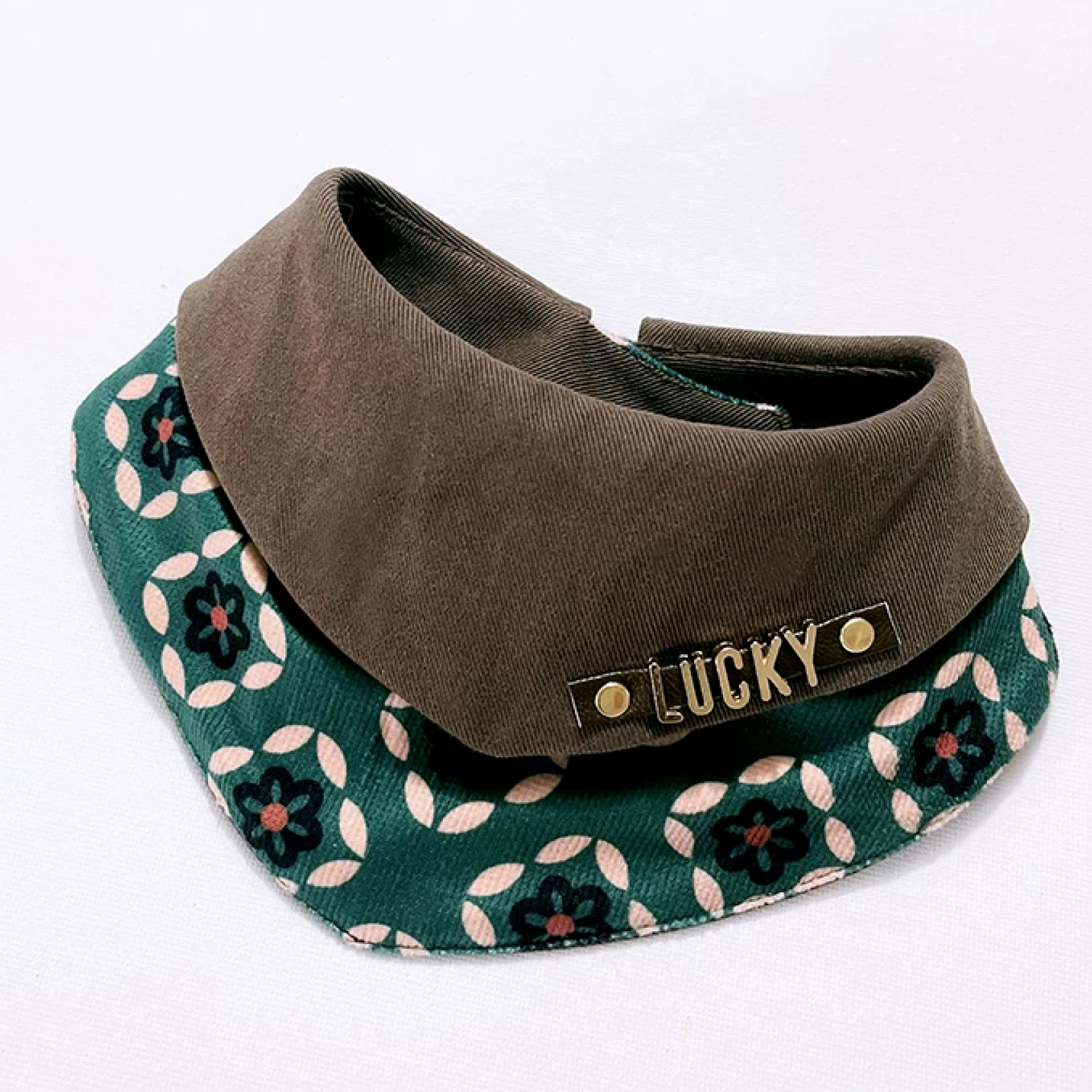 Brown corduroy retro green floral pet bandana with custom metal name letters