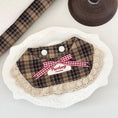 Load image into Gallery viewer, Vintage brown plaid pet collar with lace trim and pink bow on white plate
