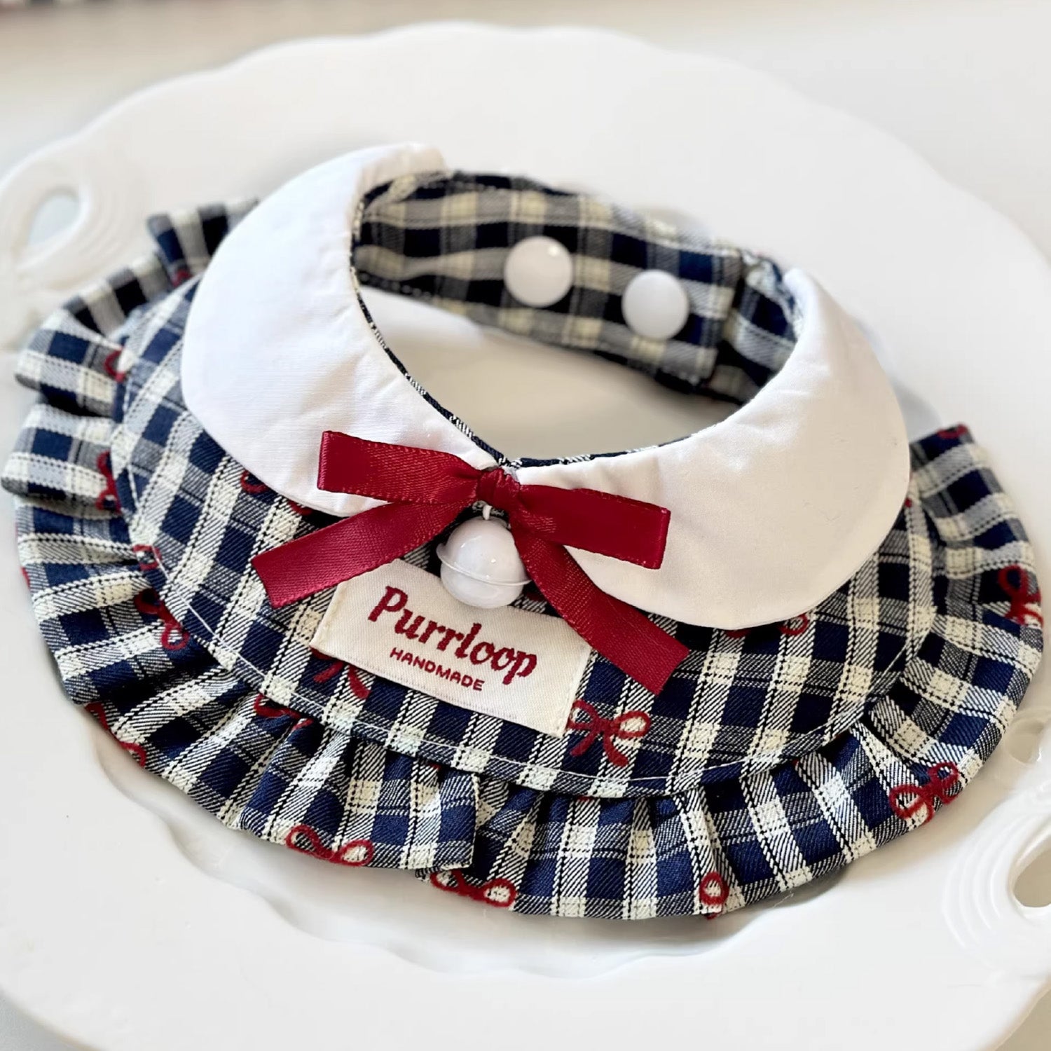 Soft cotton vintage plaid ruffle bow bandana collar lifestyle shot