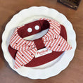 Load image into Gallery viewer, Soft cotton wine red bow bandana pet collar with red gingham detail lifestyle shot
