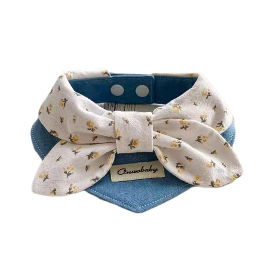 Floral bow denim pet bandana collar on white background for cats and small dogs