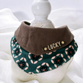 Load image into Gallery viewer, Two-tone corduroy and green floral print pet bandana with personalized gold name tag
