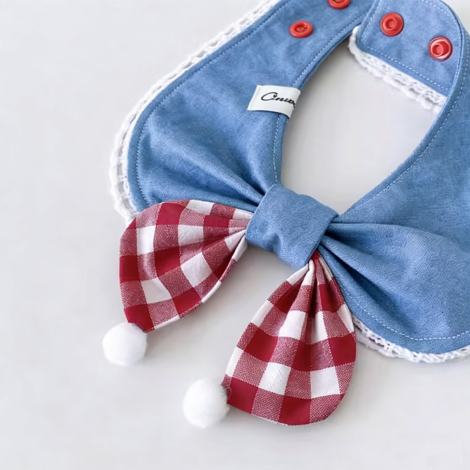 Red gingham bow denim bandana pet collar with snap-button closure