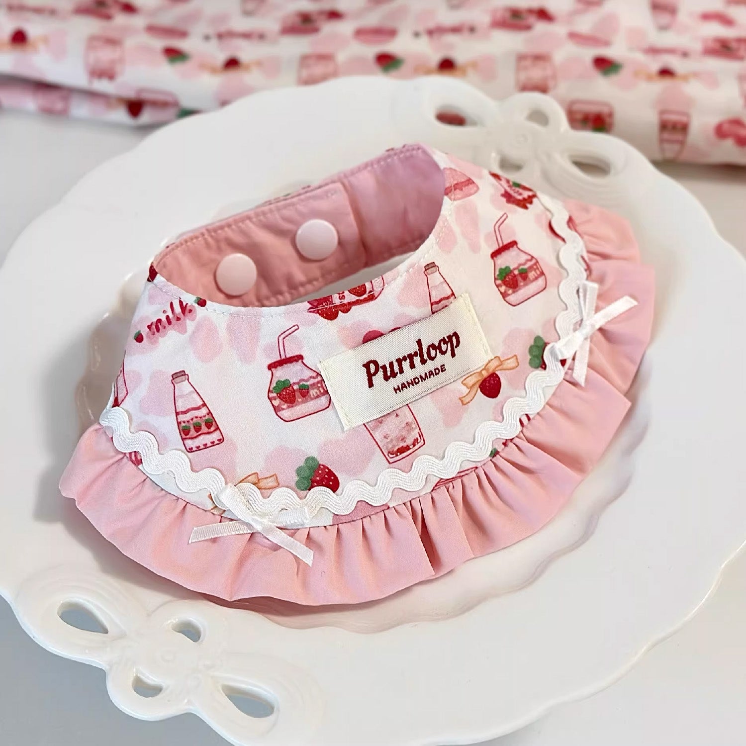 Pink strawberry and milk bottle print pet collar with ruffle and ribbon details