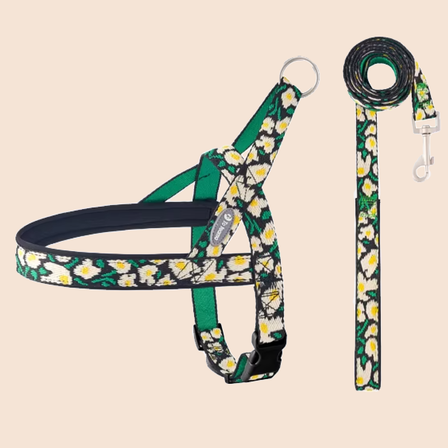 Daisy print quick-wear dog harness and leash set with green floral embroidered straps