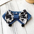 Load image into Gallery viewer, Soft cotton cartoon print bow pet collar with blue denim lifestyle shot
