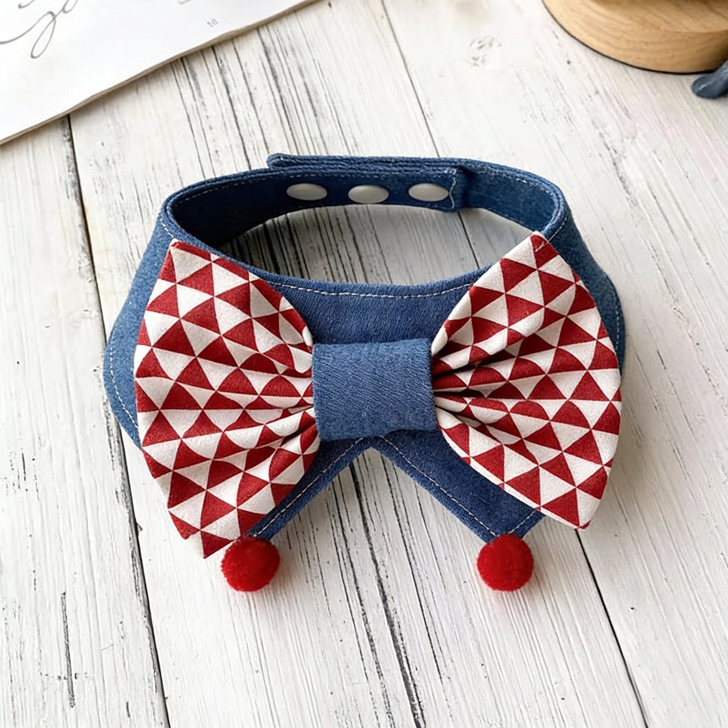 Soft cotton diamond bow tie denim pet collar lifestyle shot