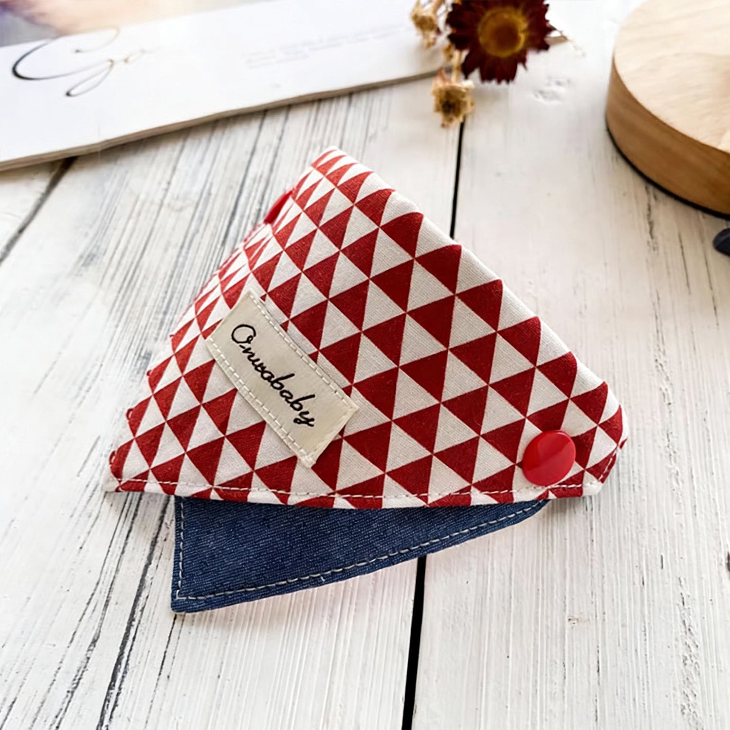 Soft cotton red white diamond pet bandana collar with denim base lifestyle shot