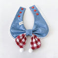 Load image into Gallery viewer, Soft cotton blue denim pet collar with red gingham bow lifestyle shot
