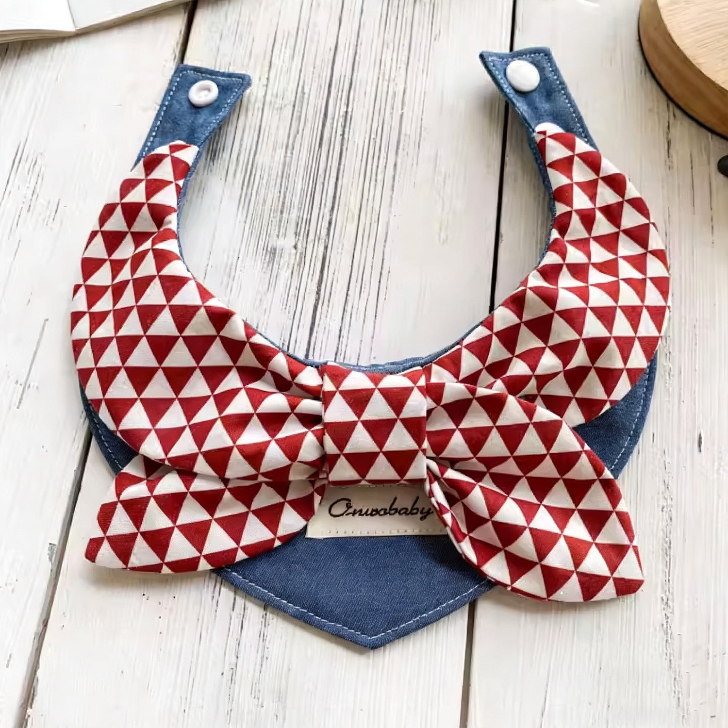 Soft cotton red white triangle bow pet collar with denim base lifestyle shot