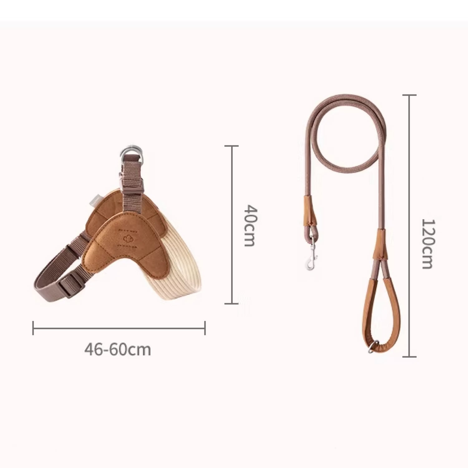 60cm/120cm）Dog harness and leash size chart showing 46-60cm chest and 120cm leash