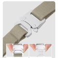Load image into Gallery viewer, Close up of green canvas cat harness strap and metal buckle adjustment system with size guide diagram
