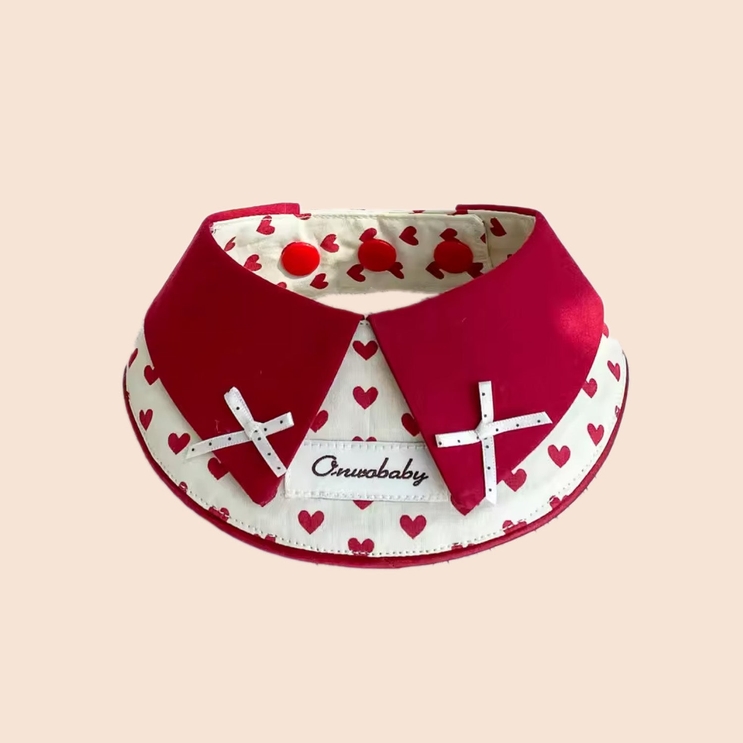 Elegant red and white heart pattern pet collar with structured double-layer design