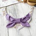 Load image into Gallery viewer, Purple lavender bow pet collar with floral bandana styled on wooden surface
