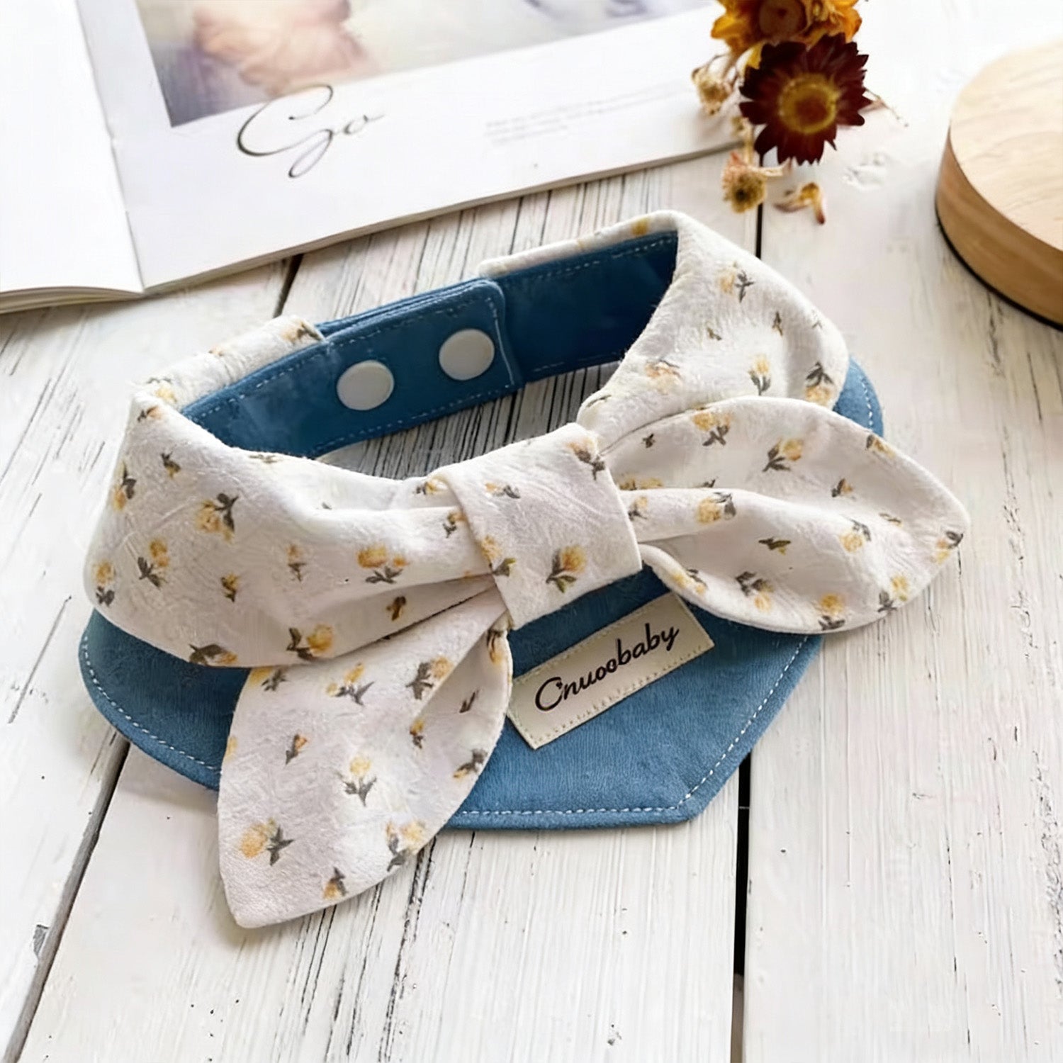 Floral print bow pet bandana collar with denim detail view