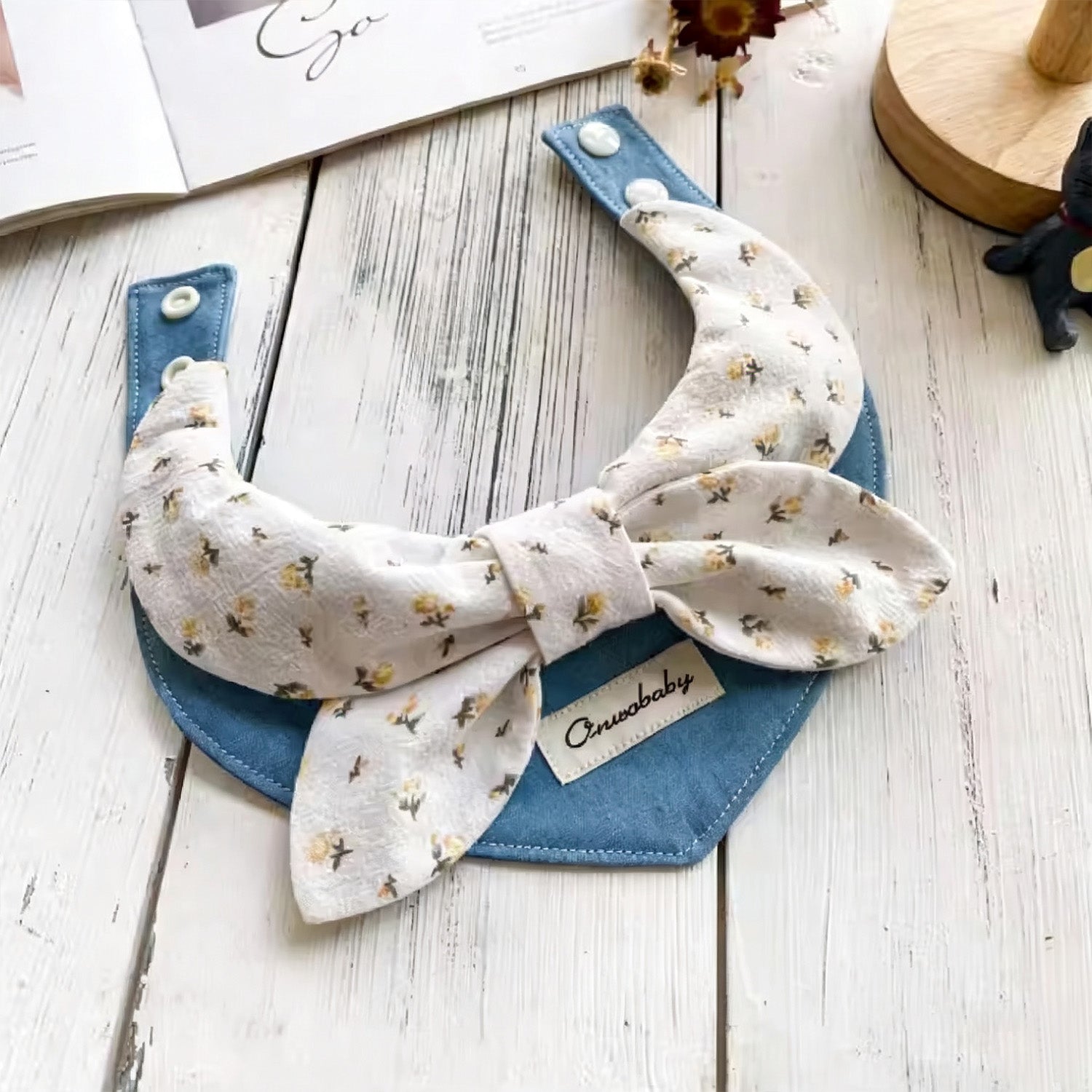 Delicate floral pattern bow denim pet bandana collar with snap-button closure