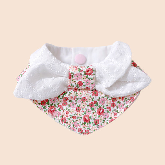 Floral bow pet collar bandana with white lace and delicate flower pattern for cats and dogs