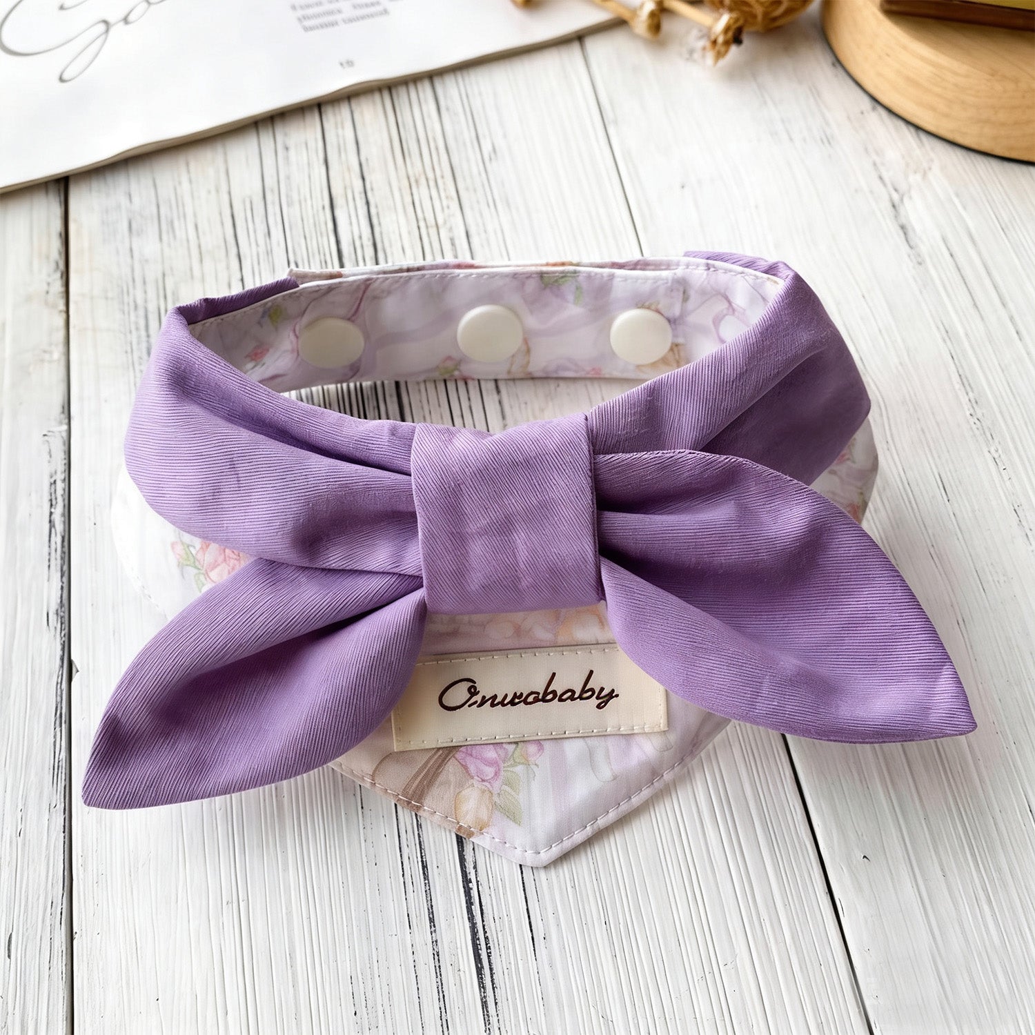 Lavender bow floral bandana pet collar with snap-button closure
