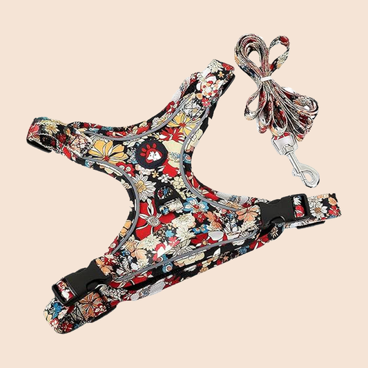Floral reflective anti-pull dog harness and leash set with padded mesh lining