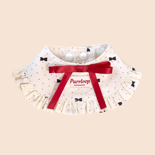 French ruffle pet collar with cream dot pattern and red ribbon bow for cats and dogs