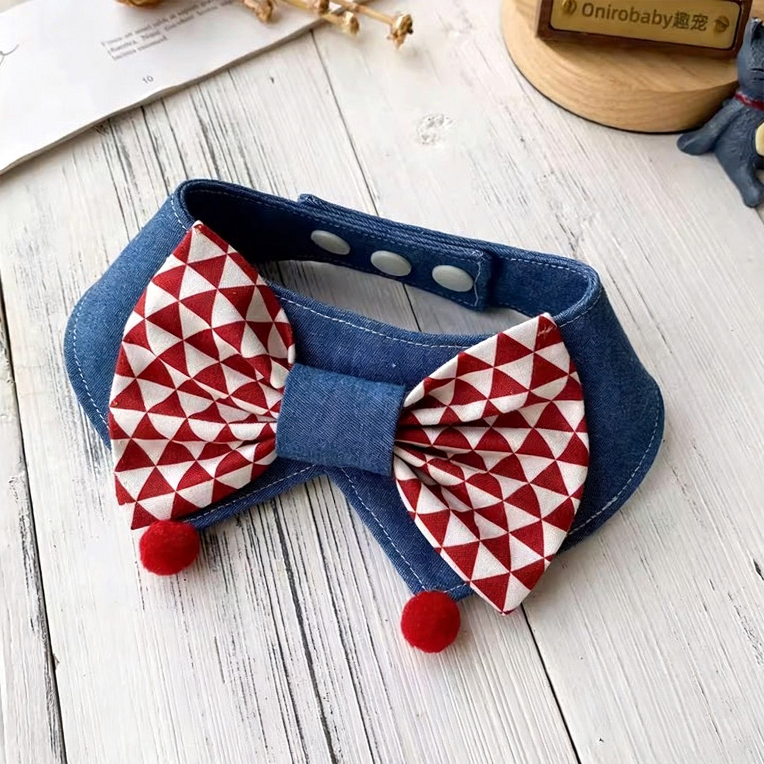 Geometric pattern bow tie denim pet collar with snap-button closure
