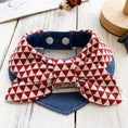 Load image into Gallery viewer, Red and white geometric triangle pattern pet collar with bow and denim detail
