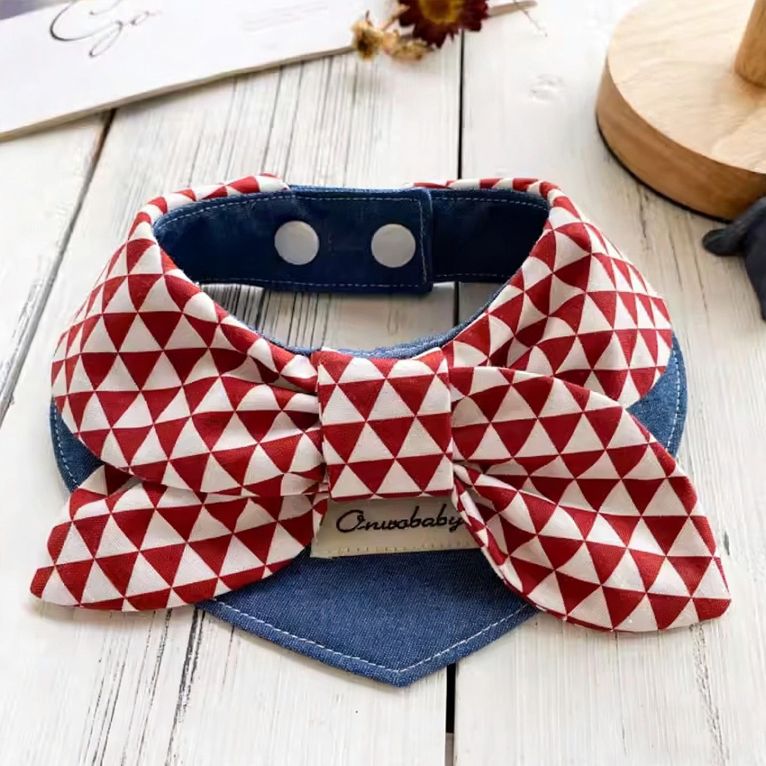 Red and white geometric triangle pattern pet collar with bow and denim detail
