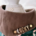 Load image into Gallery viewer, Close-up of personalized gold metal letter name tag on retro floral pet bandana
