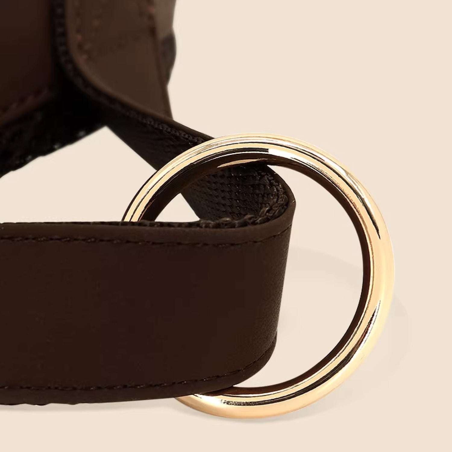 Close up of gold D-ring and leather trim detail on brown adjustable dog harness