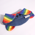Load image into Gallery viewer, Handmade rainbow pride bow collar flat lay, denim base with colorful striped bow, GraviPaw pet bandana
