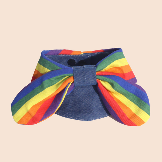 Handmade rainbow pride bow bandana collar for cats and dogs, denim and cotton, flat lay product photo by GraviPaw