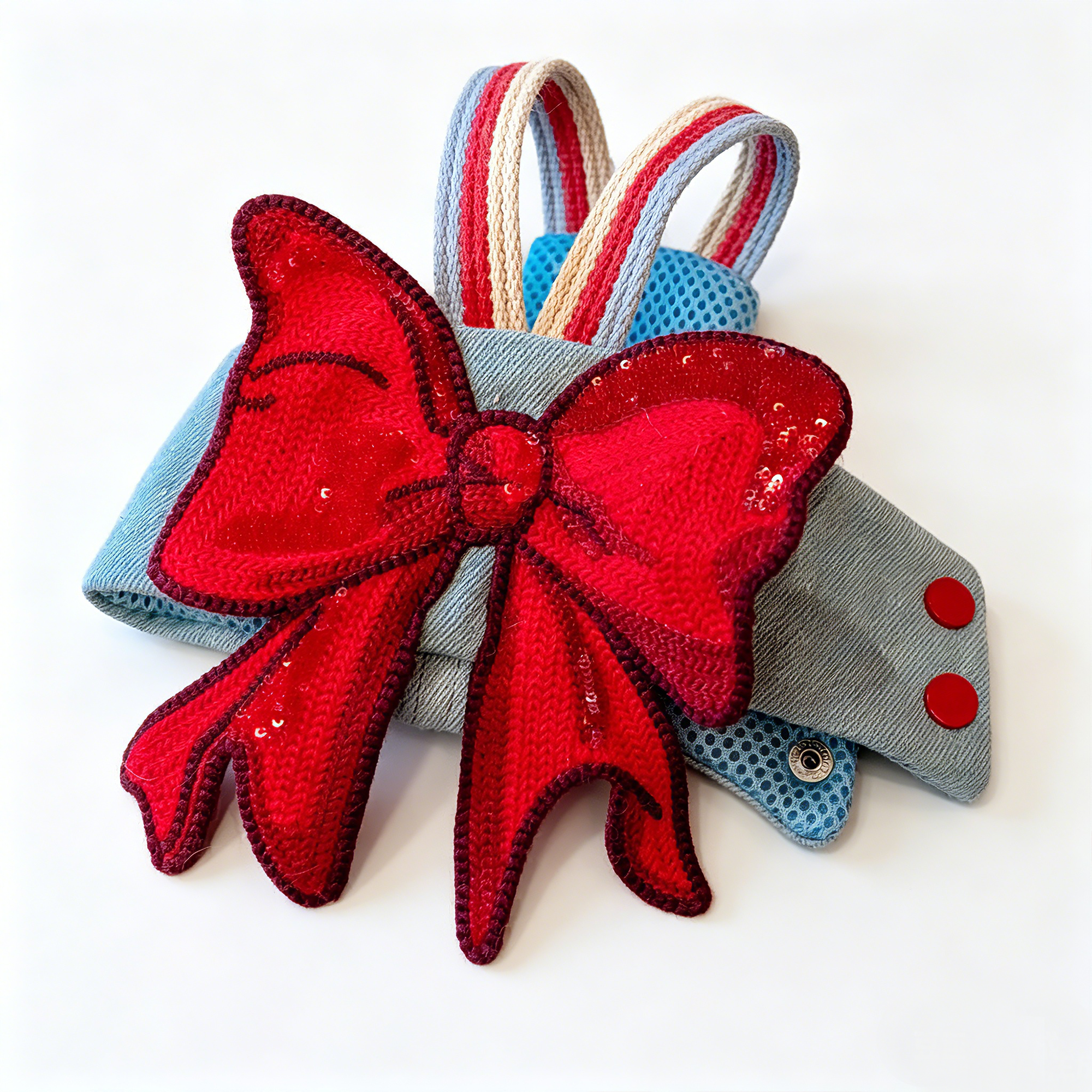 Close-up flatlay of GraviPaw denim cat harness featuring large sparkling red sequin bow detail