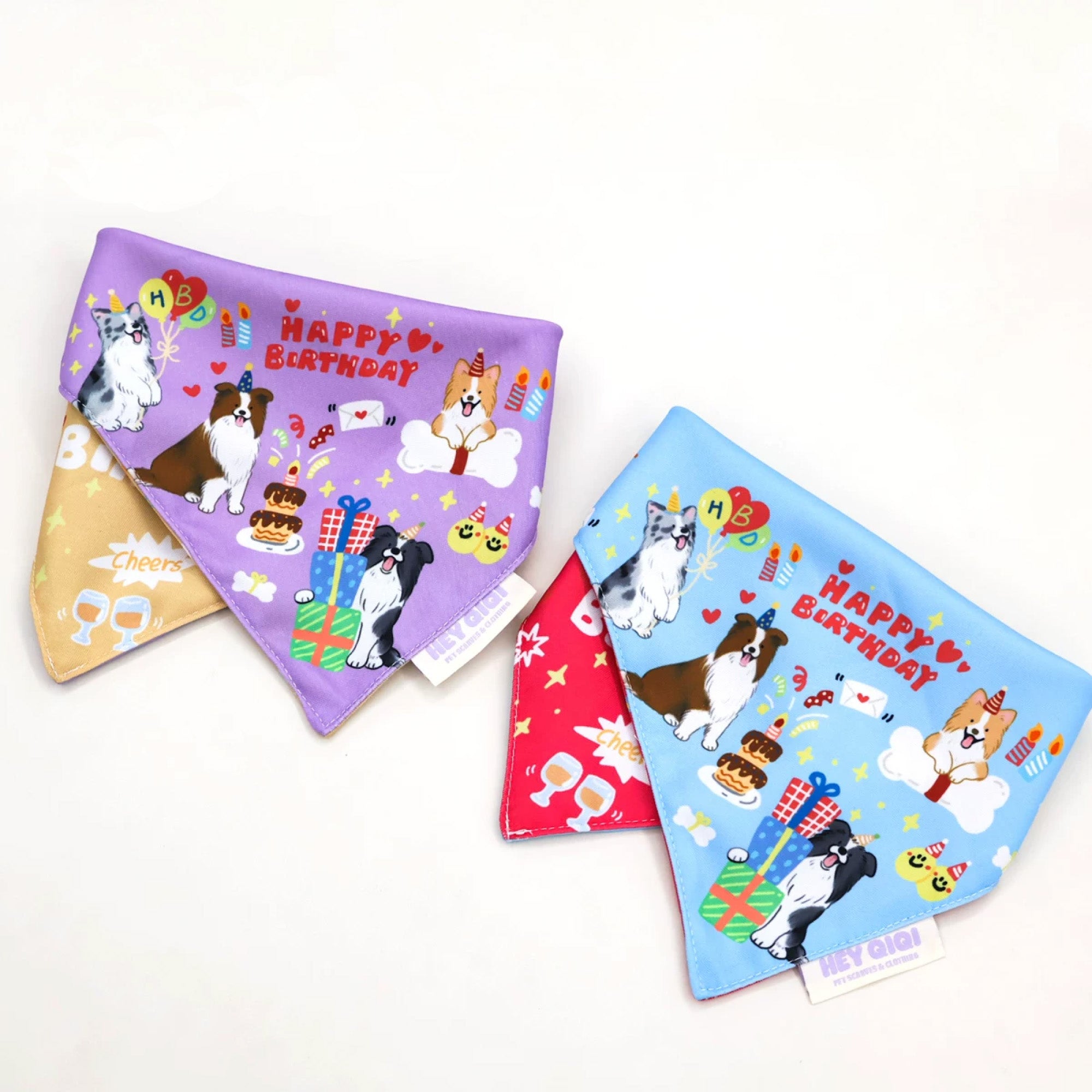 Gravipaw blue and purple reversible dog birthday bandanas side by side, featuring Border Collie Happy Birthday print