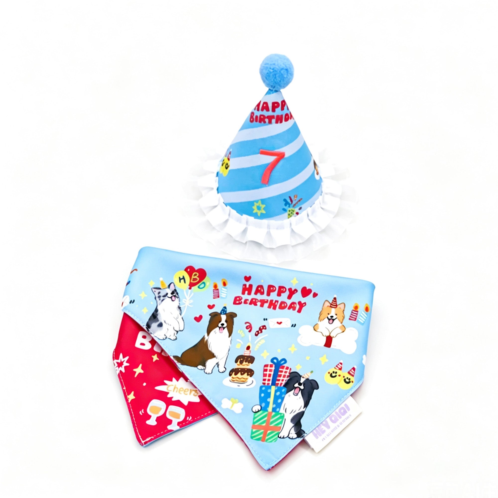 Gravipaw blue Border Collie birthday bandana and party hat set for large dogs