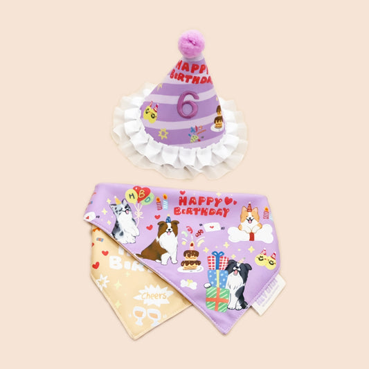 Gravipaw purple Border Collie birthday bandana and party hat set for large dogs